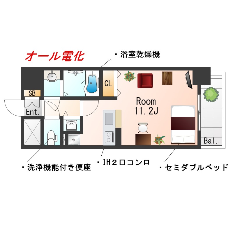 ★SステイCS神戸元町JP花隈・県庁前【禁煙ルーム・セミダブルベッド・オール電化】★浴室暖房換気乾燥・ウォシュレット・独立洗面化粧台など設備充実